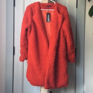 Boohoo Teddy Coat (Red) US 8